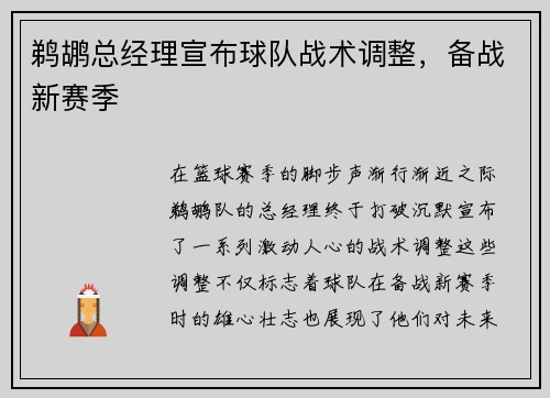 鹈鹕总经理宣布球队战术调整，备战新赛季
